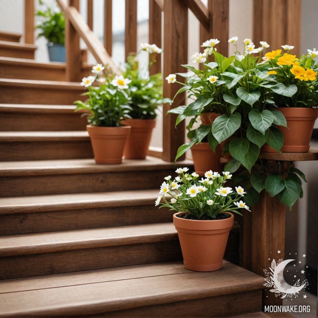 Спокойная деревянная лестница, украшенная цветочными горшками, создающая умиротворяющую атмосферу.