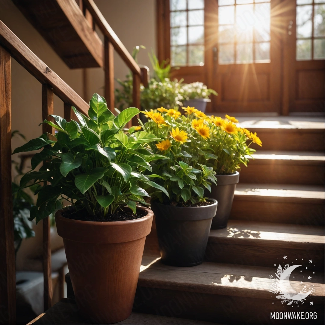 Спокойная деревянная лестница, украшенная цветочными горшками, нежно освещённая солнечными лучами.