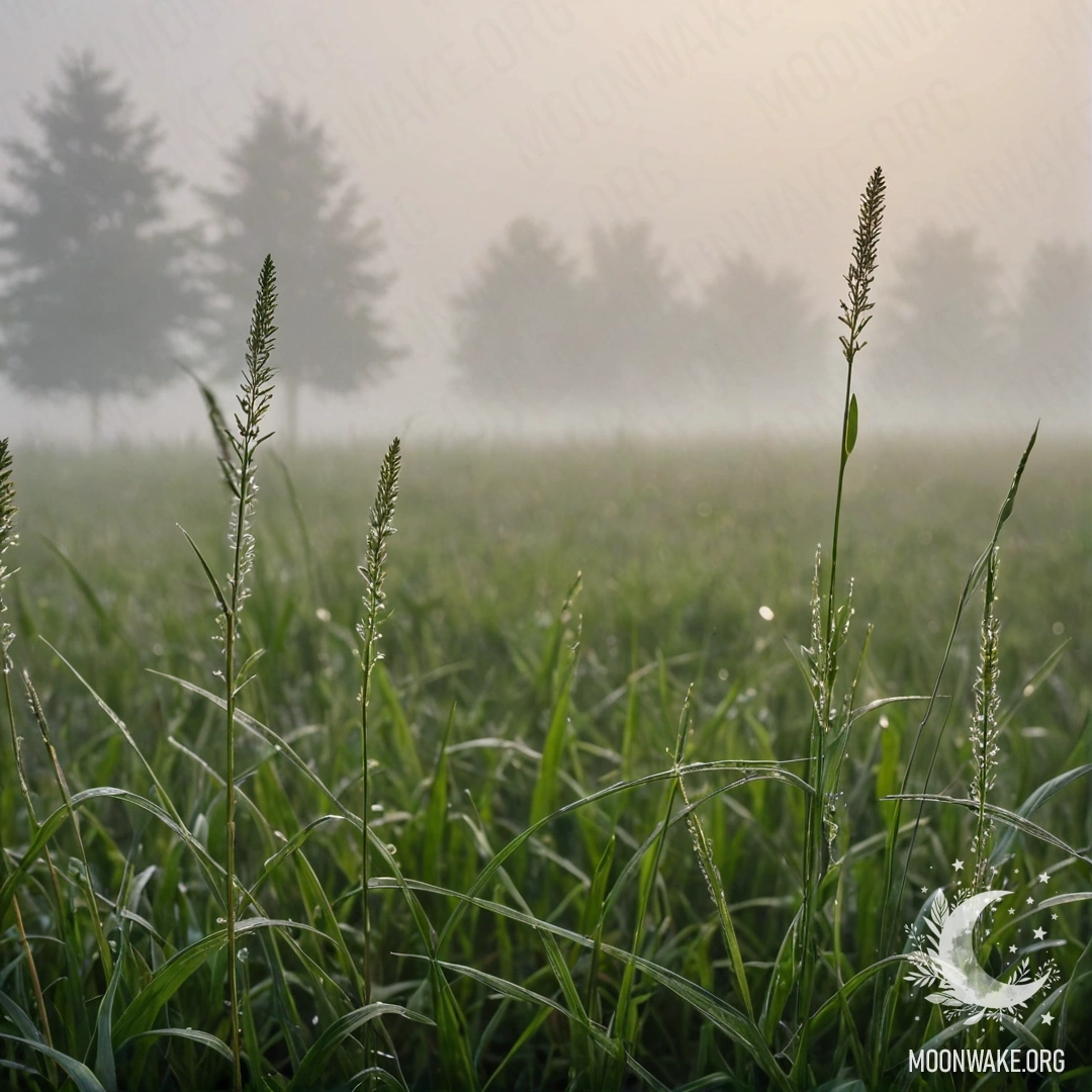 Крупный план травы на поле в тумане с боке на небе.