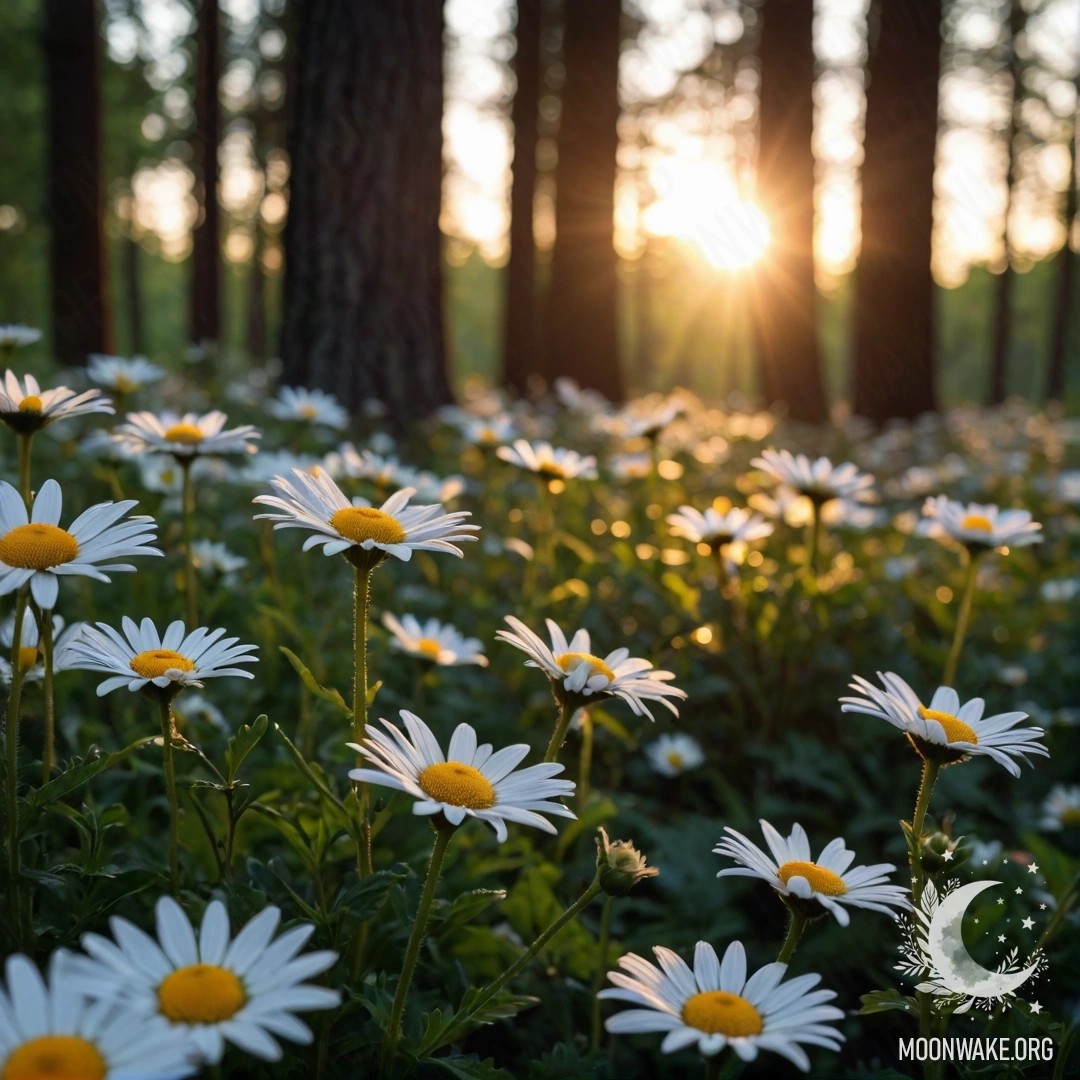 Ближайший план ромашек, освещённых закатом, пробивающимся сквозь деревья в лесу ночью.