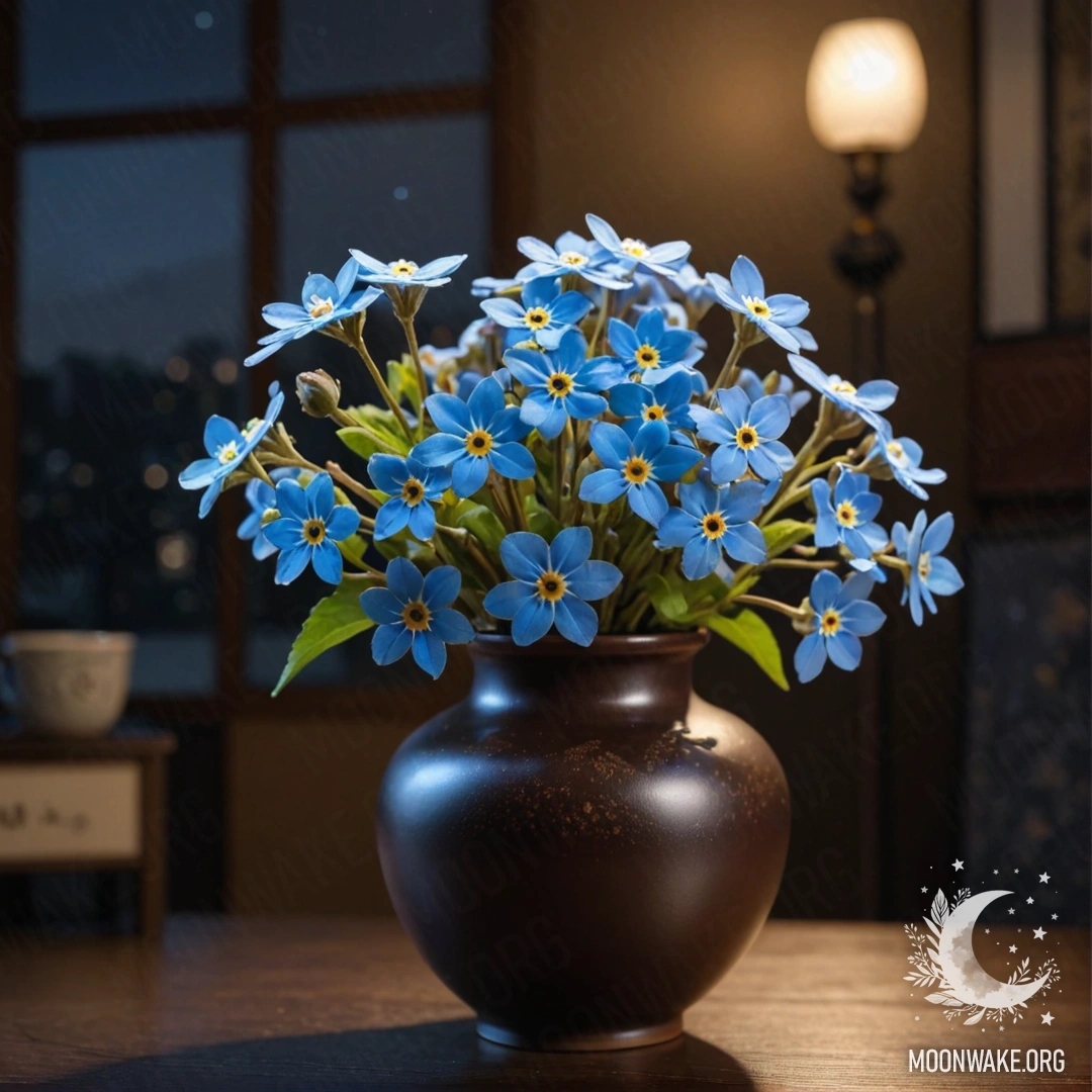 Ваза с спокойными незабудками на фоне ночного неба, цвета кофе.