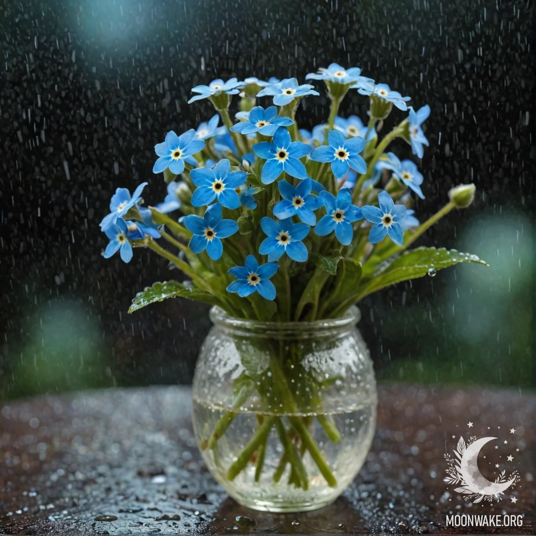 Ваза с тонкими синими незабудками в туманном дожде ночью.