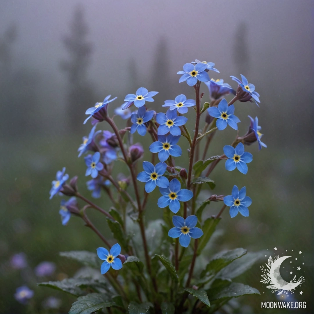 Спокойная сцена незабудок, окруженных туманом ночью.