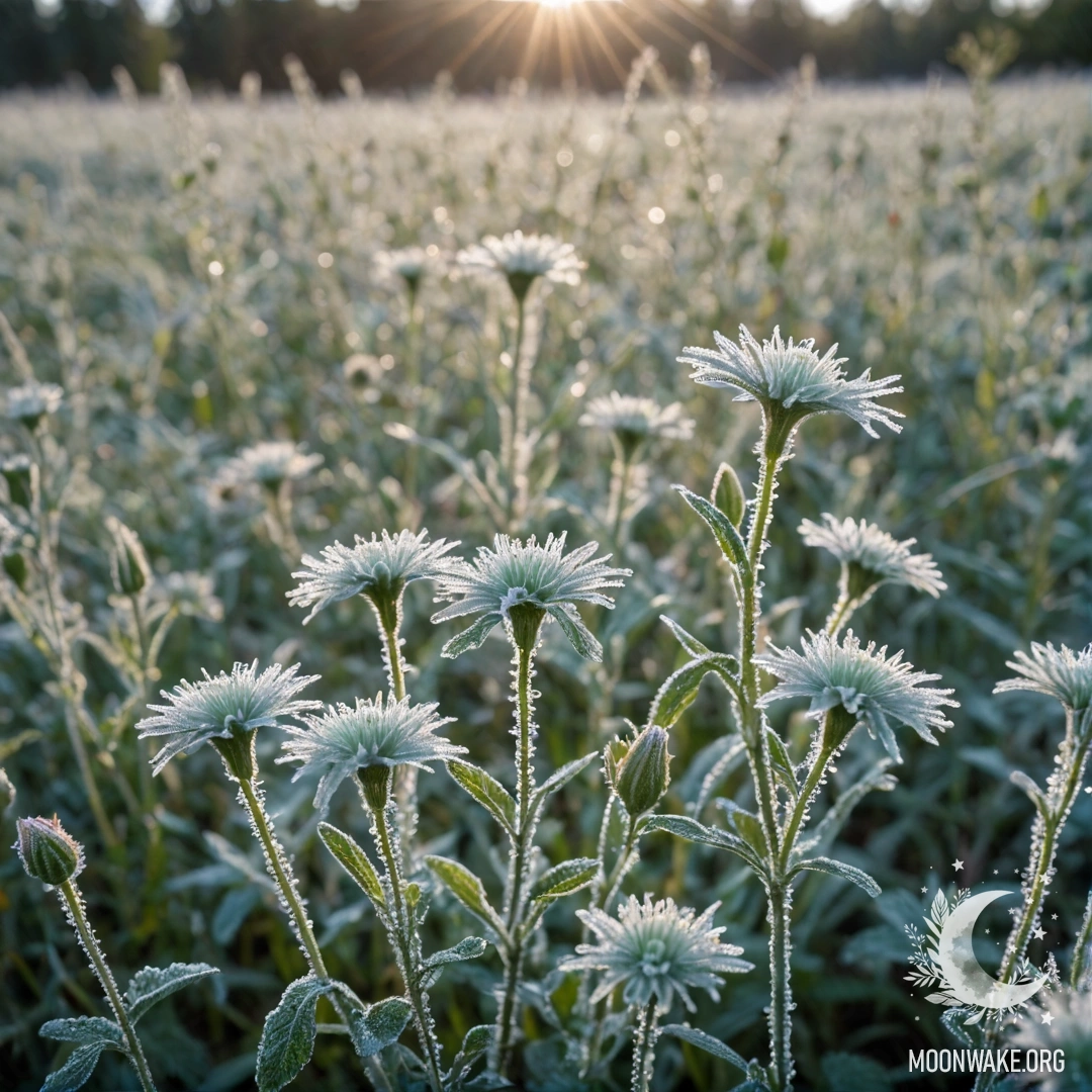 Живописный вид на нежные незабудки, укрытые инеем на закате, с оттенком мятного цвета.