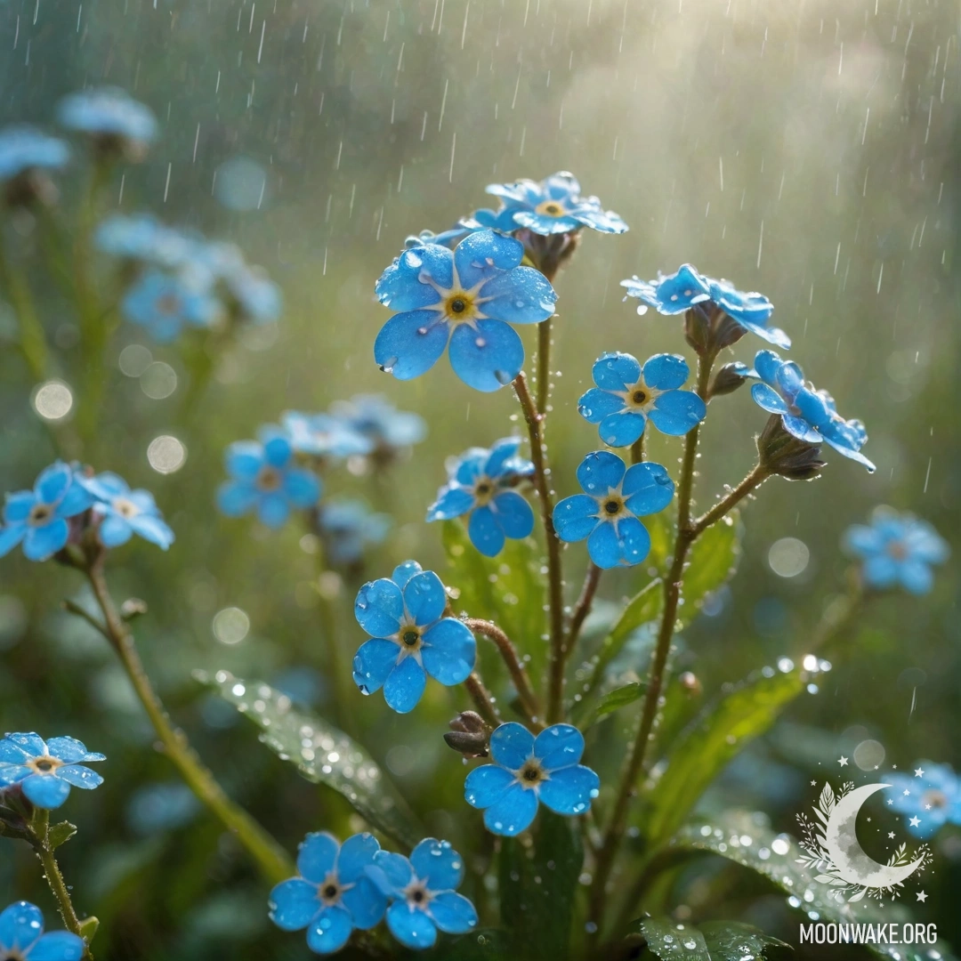Спокойная сцена с незабудками, окутанными туманом, где капли дождя и солнечные лучи освещают аквамариновые цветы.