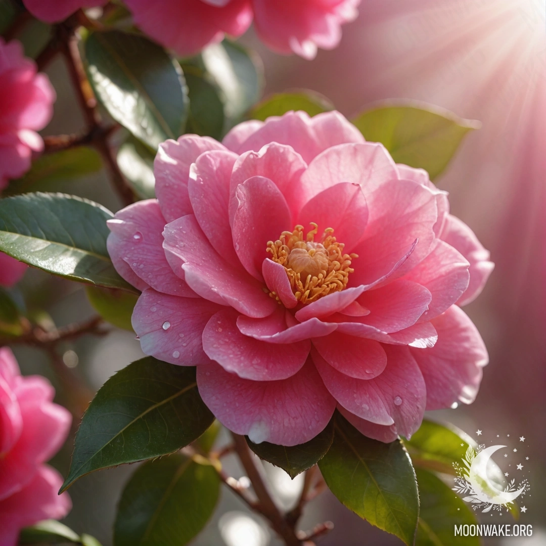 Спокойная фуксиевая камелия, омытая теплыми солнечными лучами.