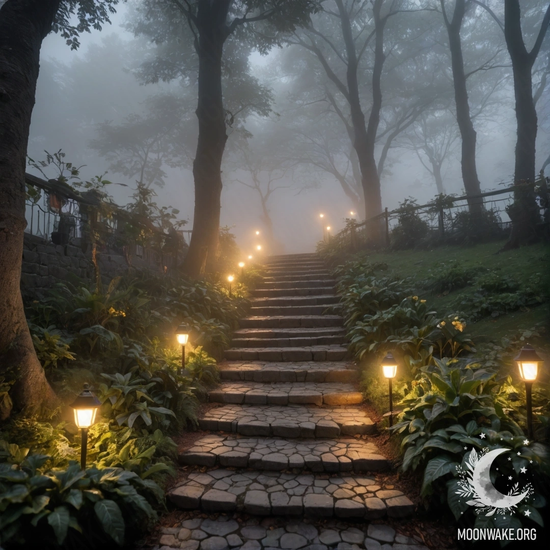 Спокойная садовая дорожка, выложенная камнем, деревянная лестница и огоньки гирлянд, окутанные густым туманом.