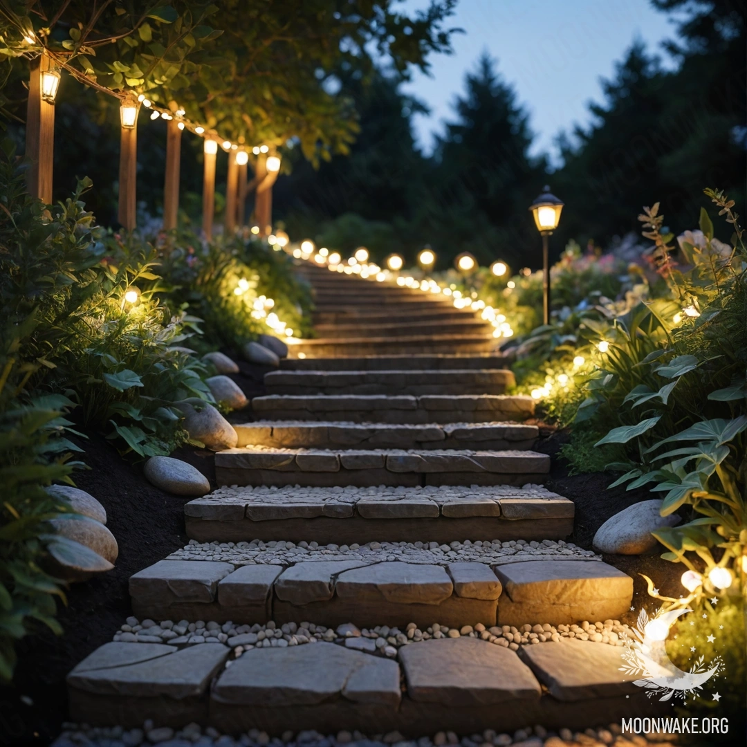Спокойная садовая тропинка, окруженная камнями и подсвеченная гирляндами огней вдоль деревянной лестницы.