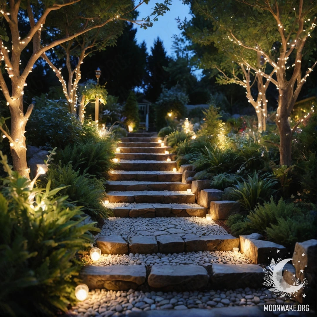 Спокойный садовый путь ночью с каменными плитами и деревянной лестницей, освещённый гирляндами огоньков.