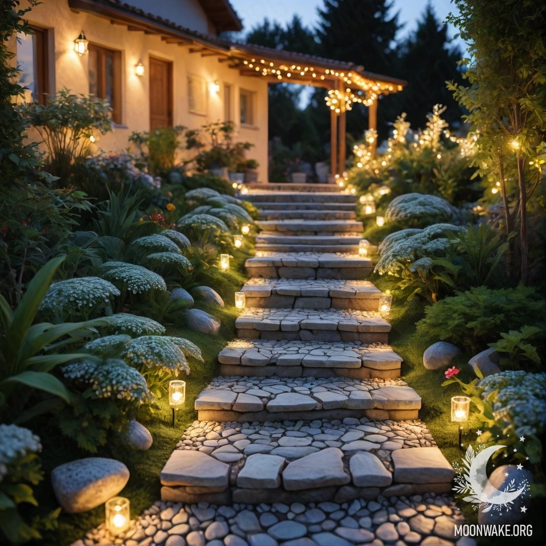 Спокойный сад, украшенный световыми гирляндами, с каменной дорожкой и деревянной лестницей на закате.