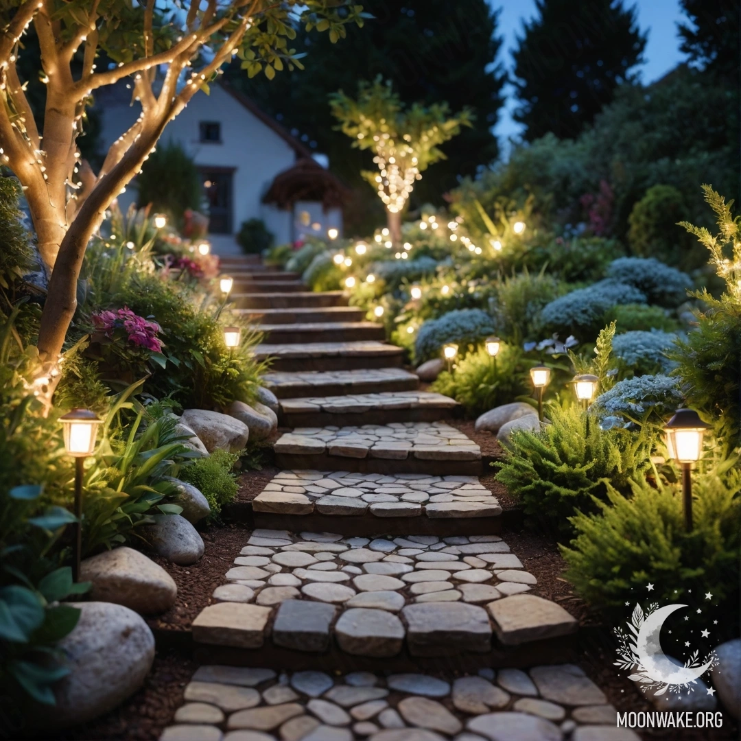 Спокойная сцена в саду с каменной дорожкой, деревянной лестницей и гирляндами света.