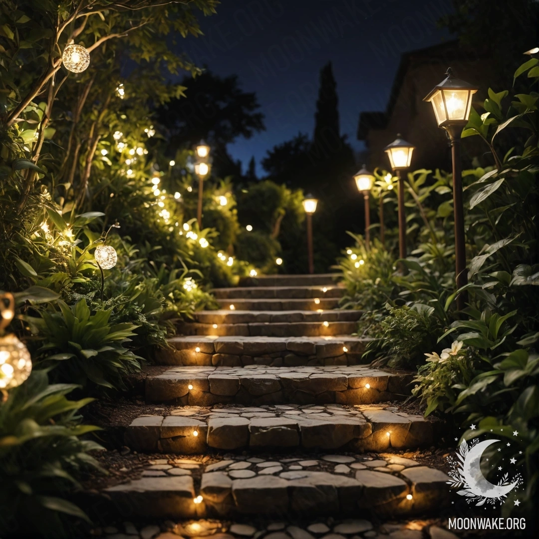 Спокойный садовый путь, украшенный светящимися гирляндами и деревянной лестницей под ночным небом.