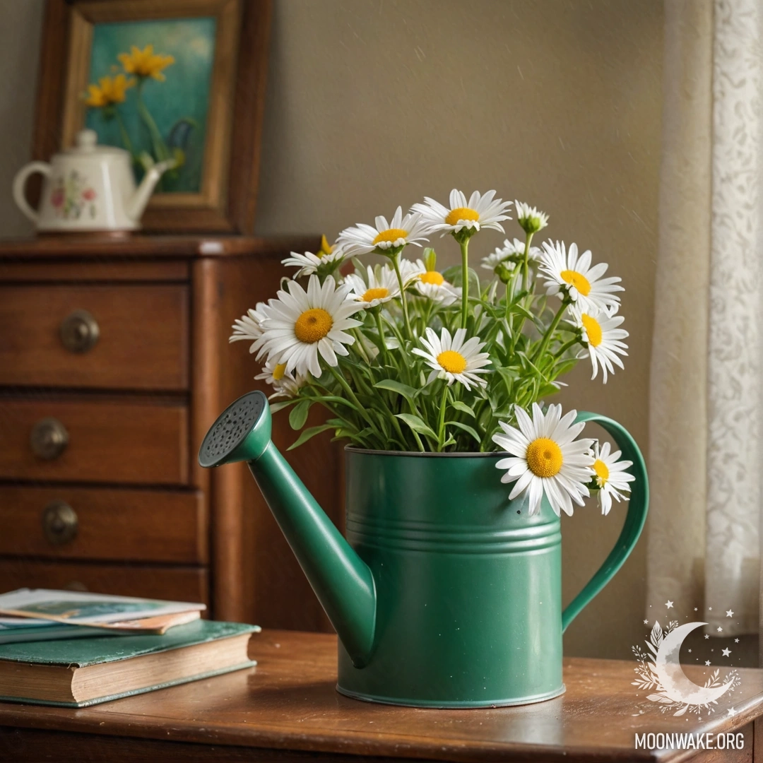 Старинный столик с чашками, чайником, ягодами и цветами под дождем под цветущей яблоней.