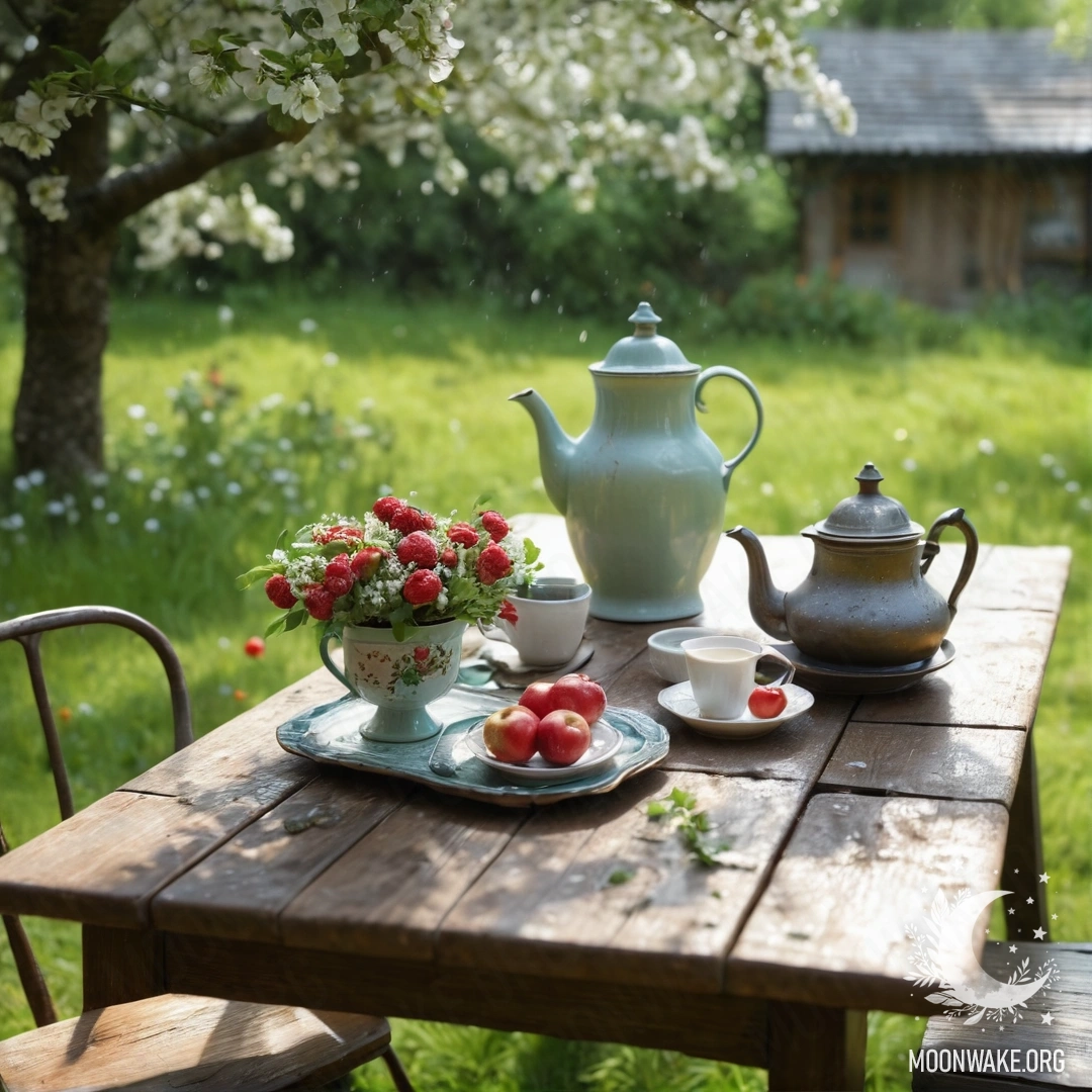 Старинный стол с чашками, чайником, ягодами, цветами и бутылкой молока в дождливом саду под цветущей яблоней.