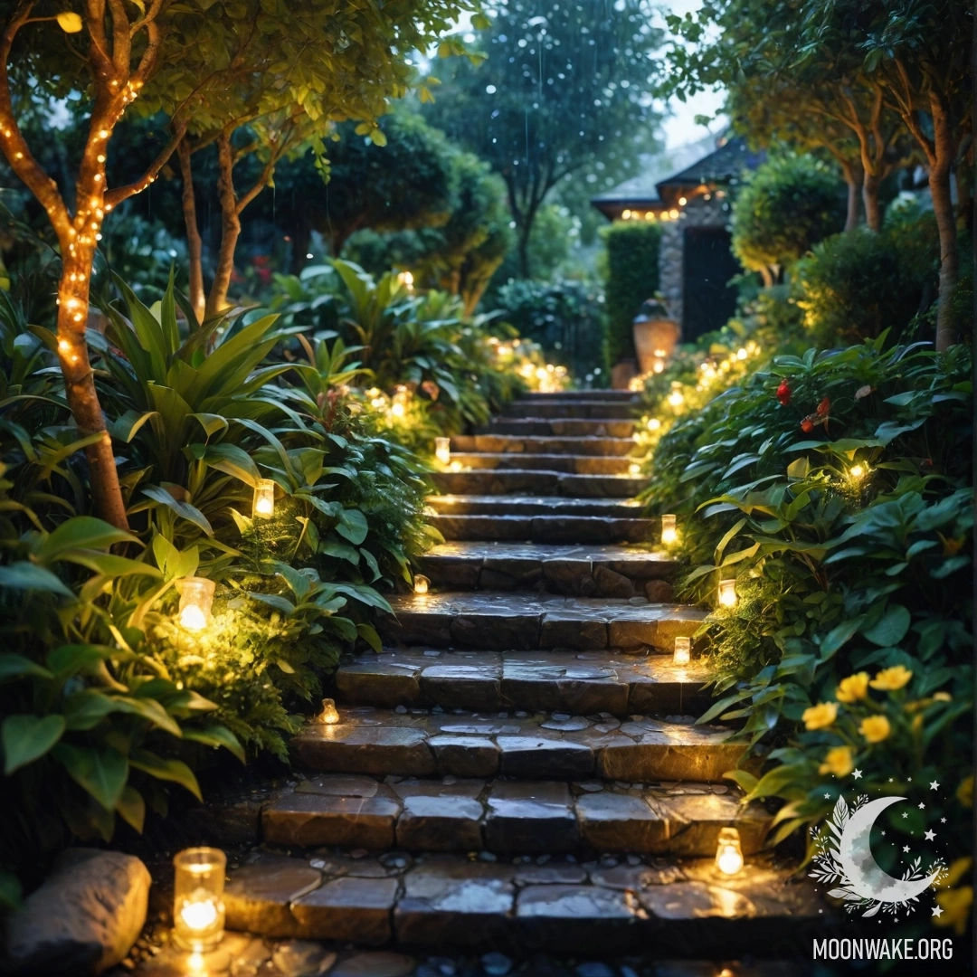 Спокойный сад, украшенный световыми гирляндами, с каменной дорожкой и деревянной лестницей под дождем.