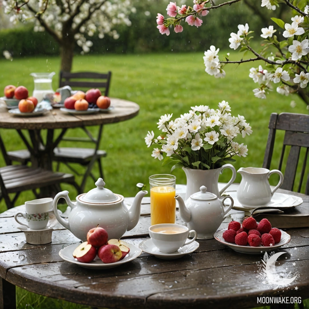 Винтажный стол в саду под яблоней, на котором стоят чашки, чайник, ягоды и цветы под дождем.