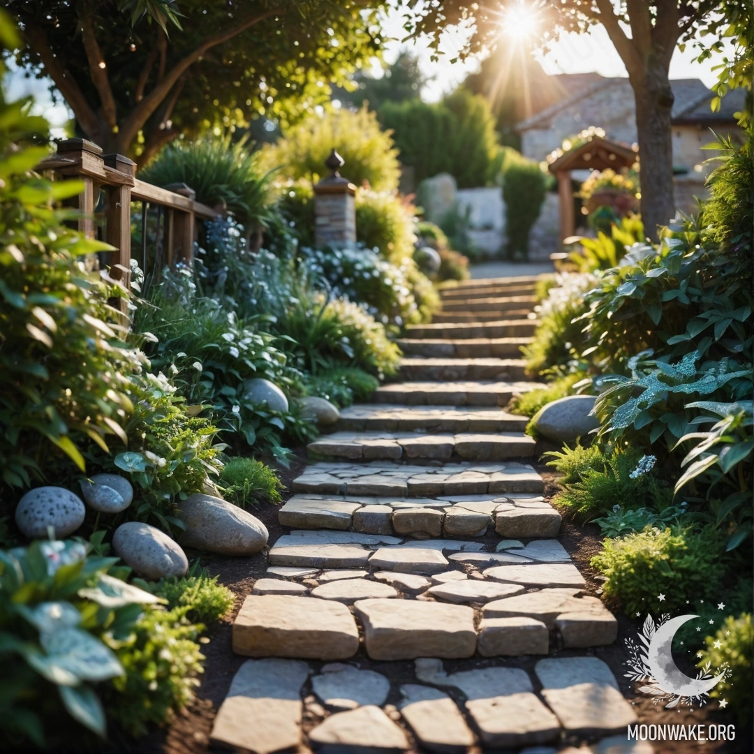 Спокойный сад с легкими гирляндами, каменной дорожкой и деревянной лестницей, залитыми солнечным светом.