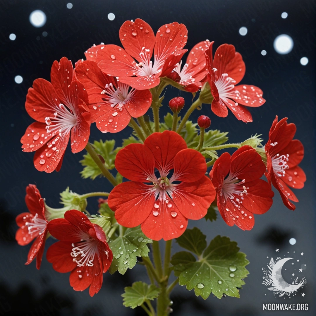 Букет красных гербер, украшенный каплями росы ночью.