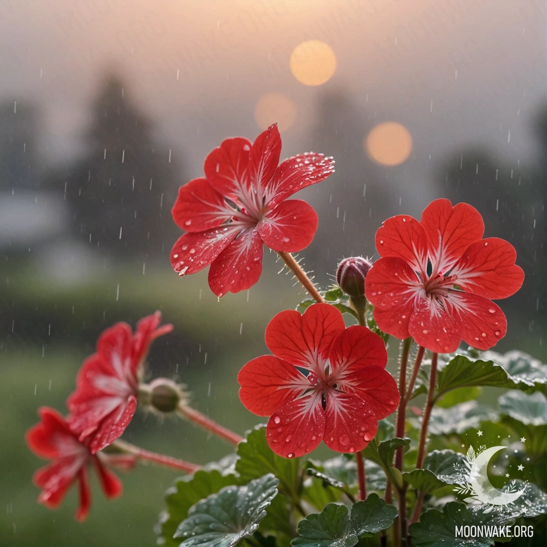 Красная герань, окружённая туманом, освещённая дождём на закате.