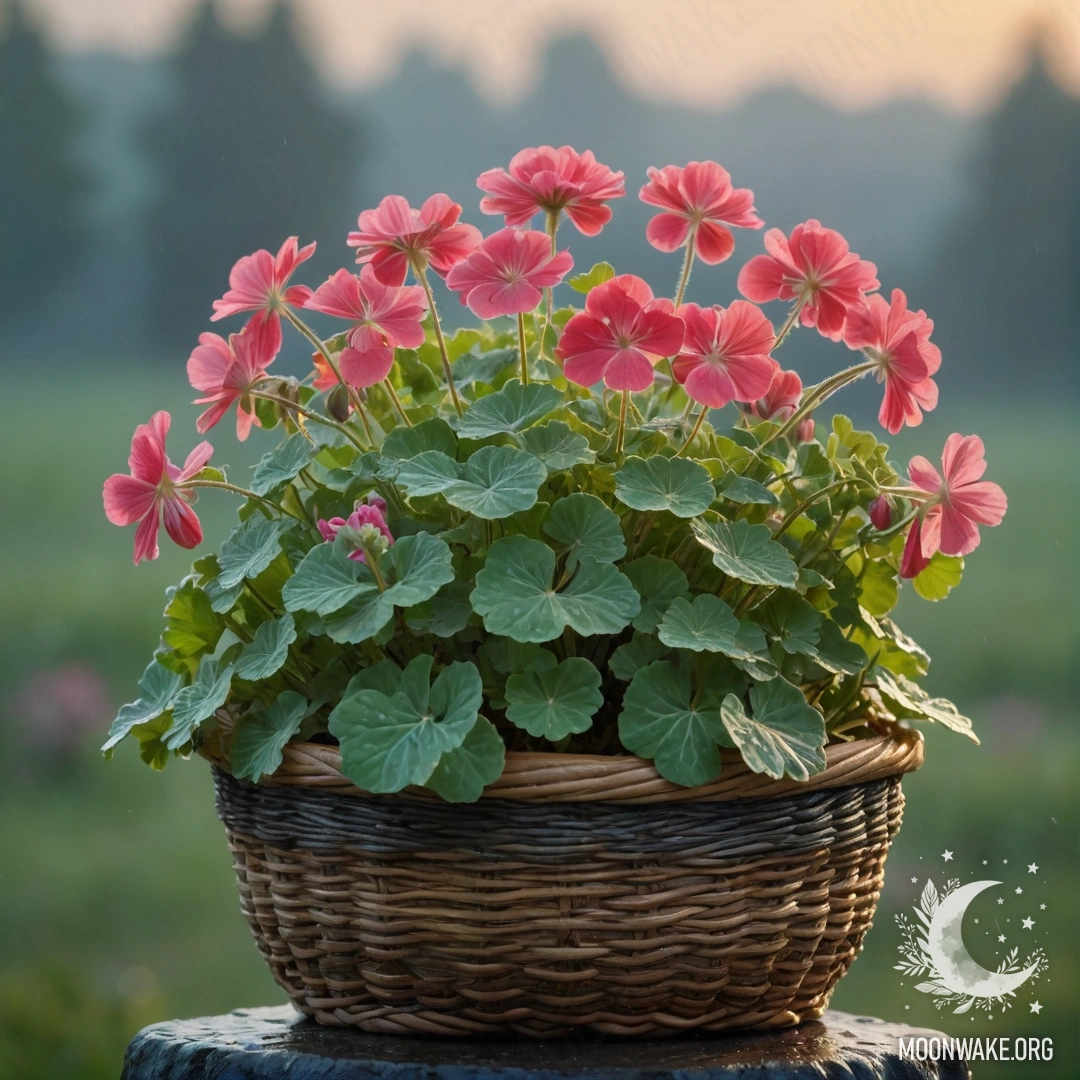 Тихий гераний в плетеном корзине, окруженный туманом и каплями дождя на закате.