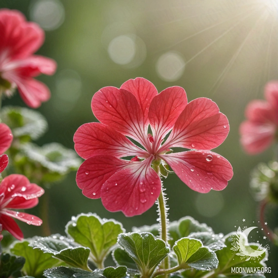 Спокойная герань, украшенная росинками, на фоне шалфейного цвета.