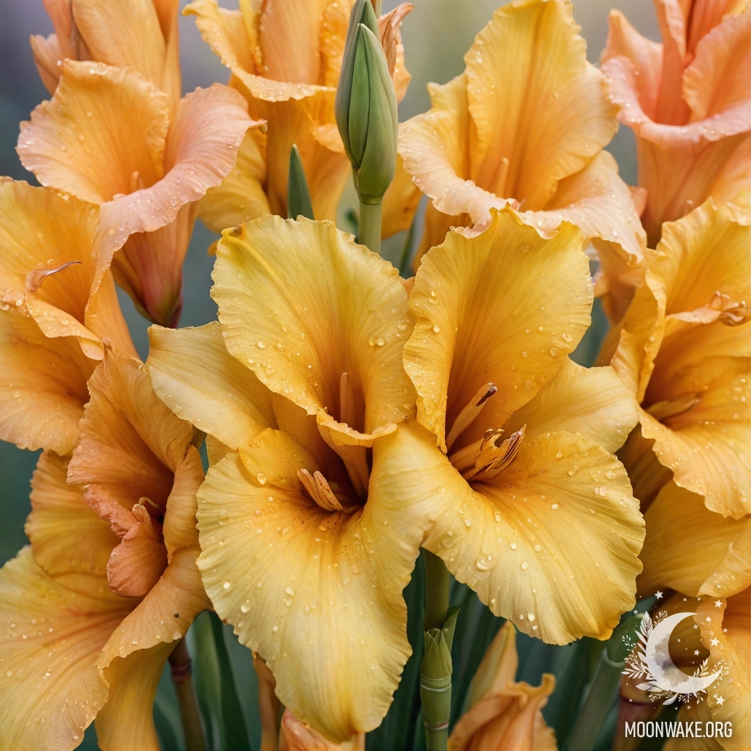 Спокойный букет желтых гладиолусов, украшенный капельками росы на фоне заката.