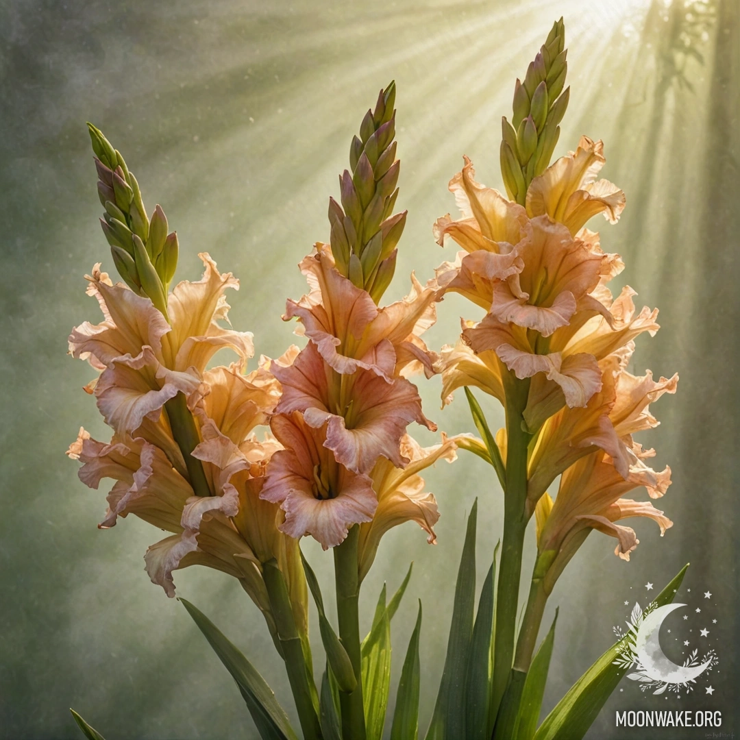 Букет оливковых гладиолусов в тумане, освещенный мягкими солнечными лучами.