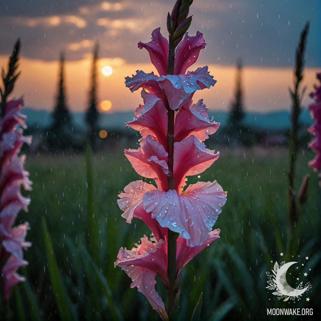 Спокойный цветок гладиолуса под дождем на закате, с блестящими пайетками, отражающими цвета неба.