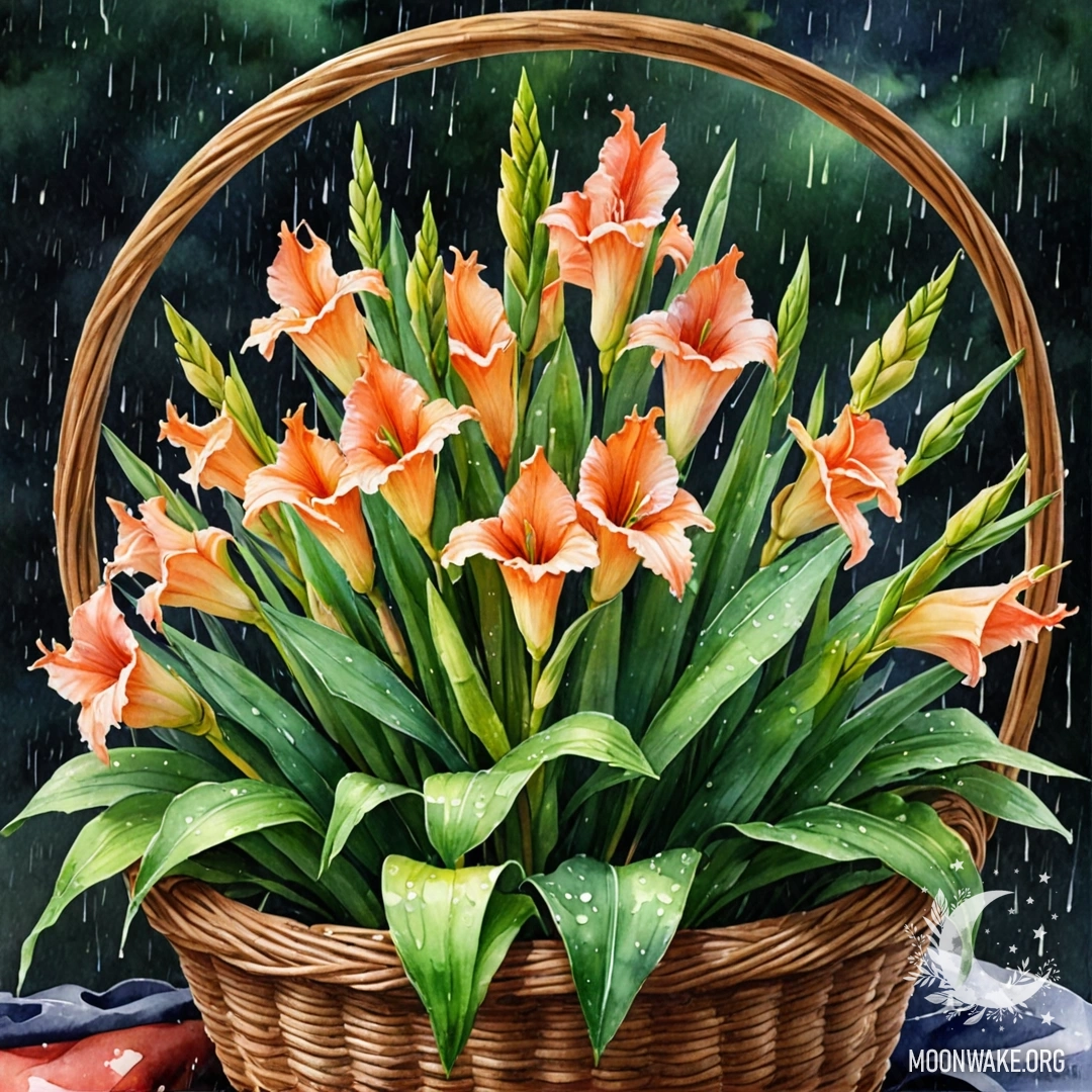 Спокойный гладиолус в зеленой корзине, омываемый лёгким дождём ночью.