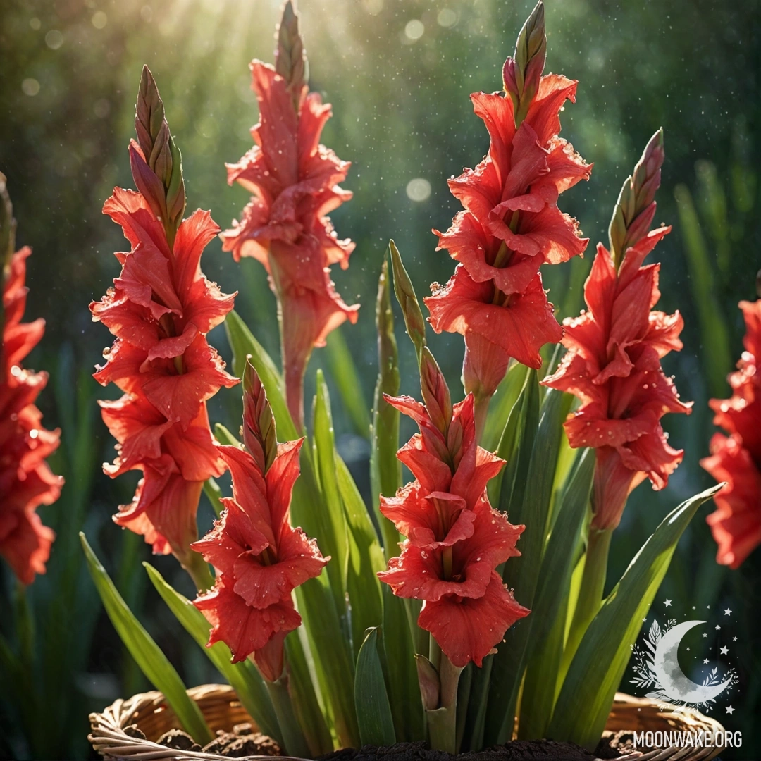 Спокойный красный гладиолус с росой, лежащий в корзине, освещённый солнечными лучами.