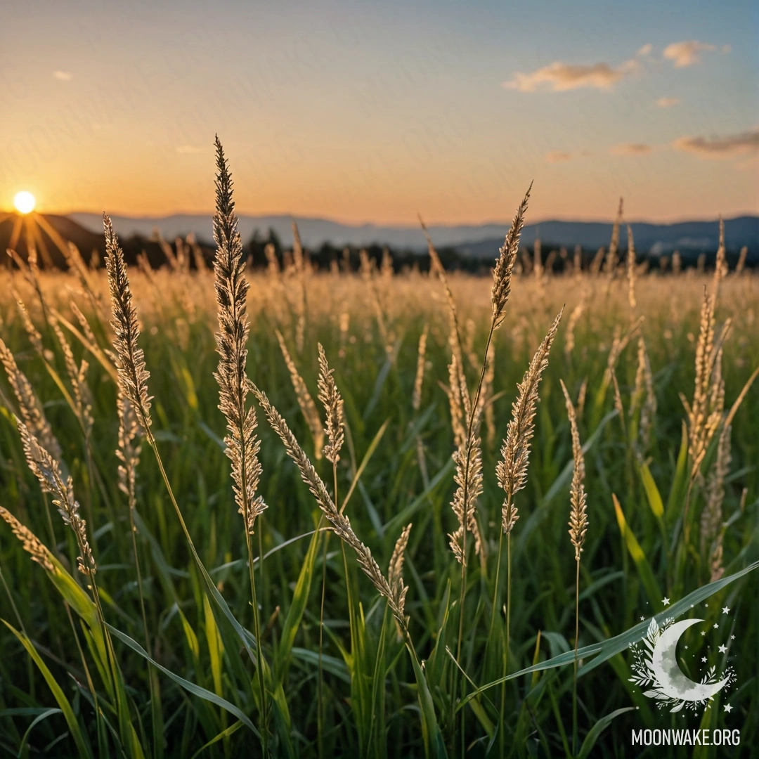 Крупный план пышной травы на спокойном поле на фоне боке неба на закате.