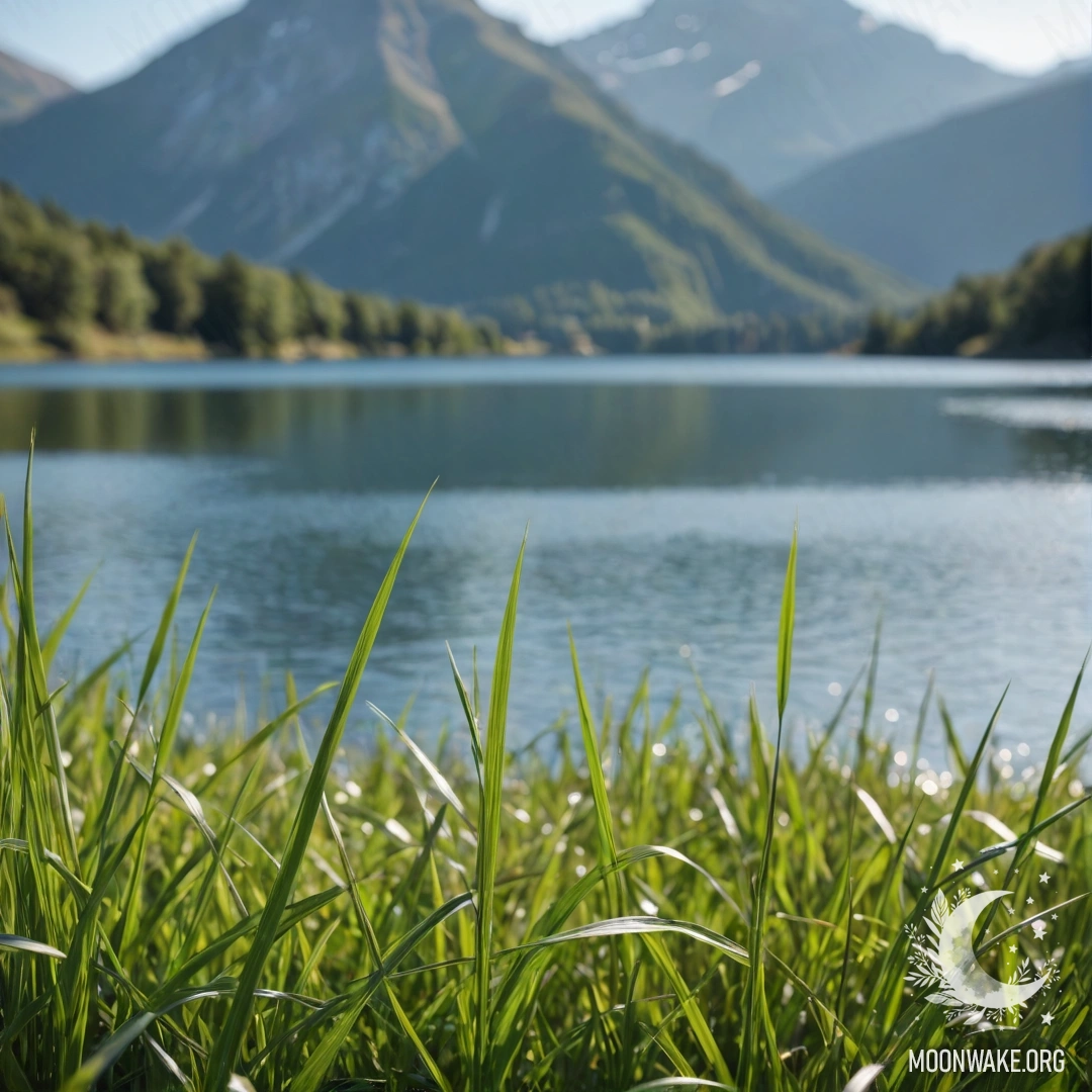 Крупный план травяного поля с размытым горным озером на заднем плане в солнечный день.