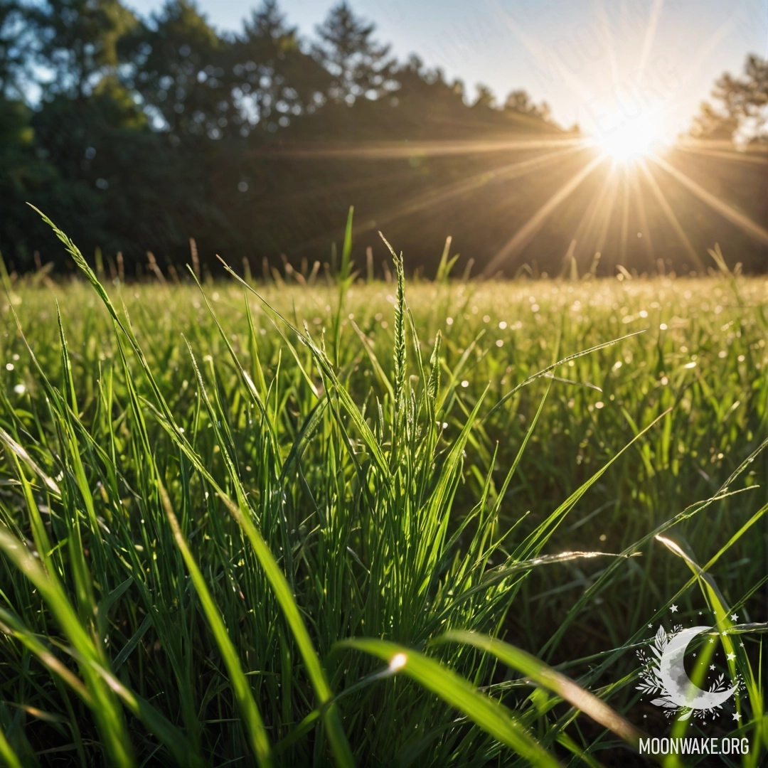 Крупный план травы в спокойном поле на фоне размытого неба и солнечных лучей.