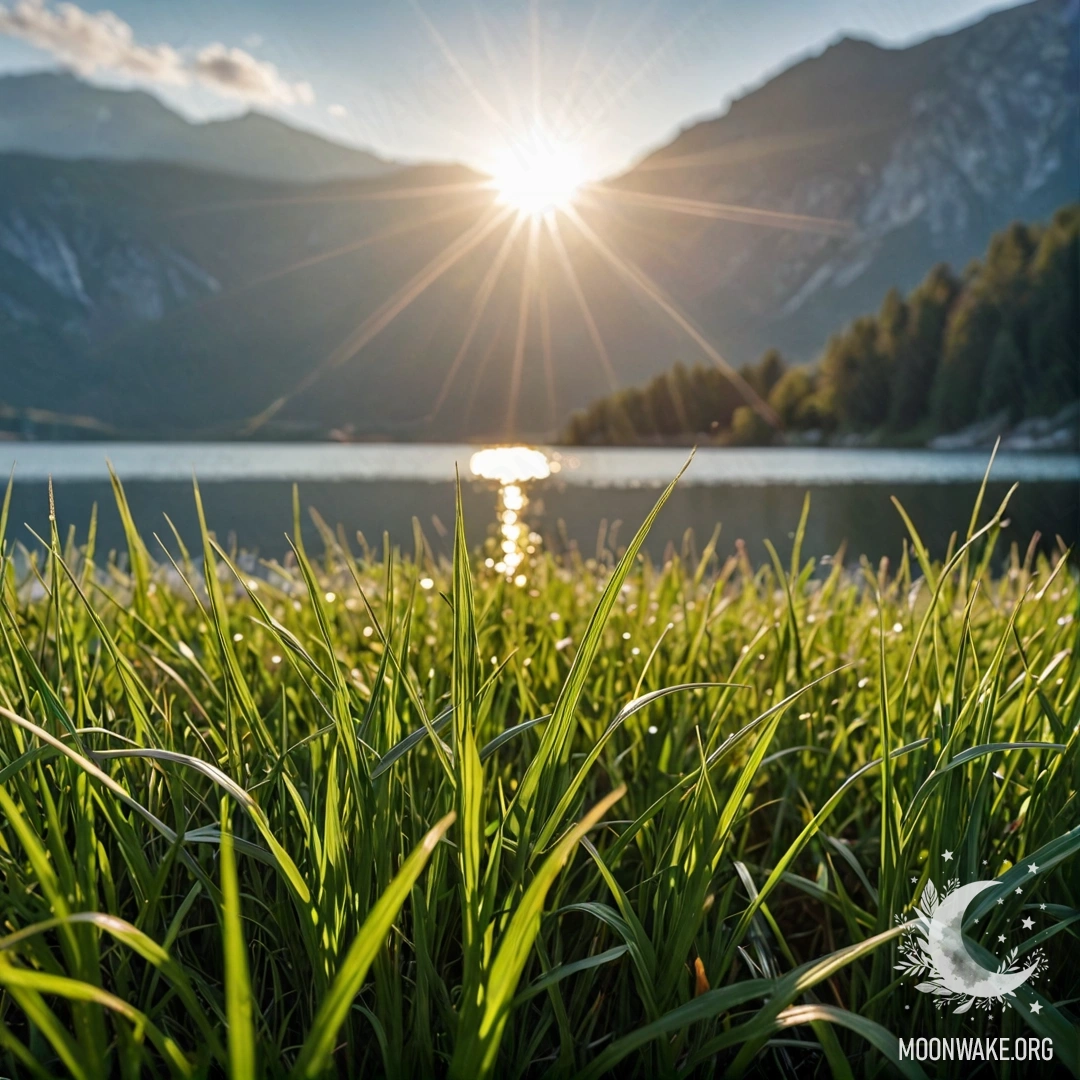 Крупный план травы на спокойном поле рядом с горным озером, освещённым солнечными лучами.