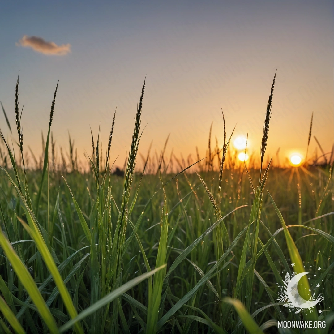 Крупный план высокой травы на поле на фоне размытого закатного неба.