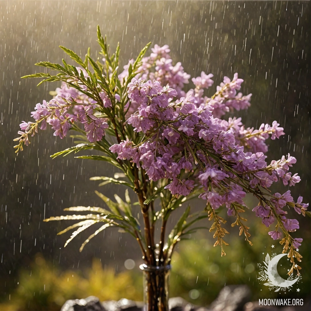 Спокойная вересковая местность, окутанная дождем, с золотыми цветами.