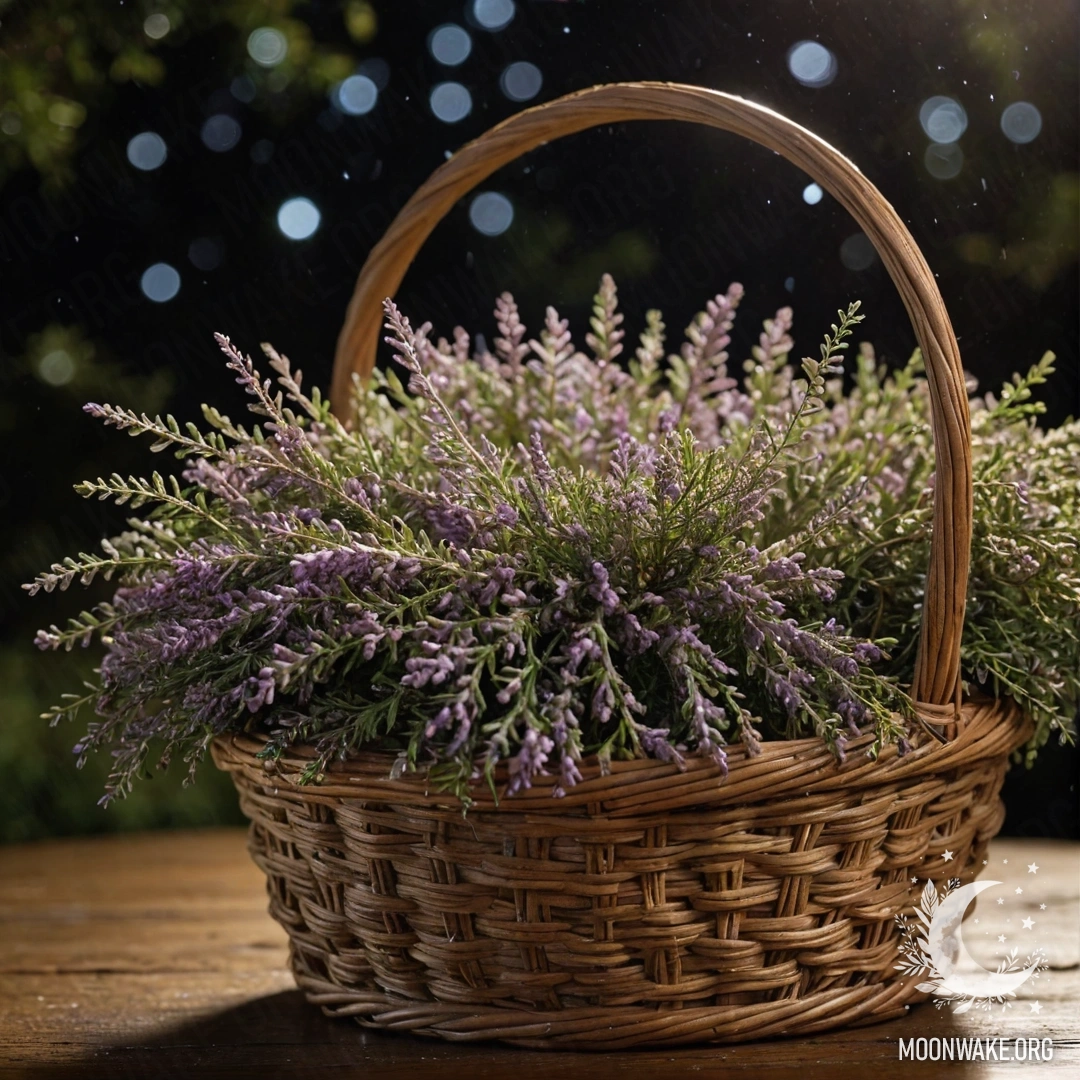 Оливковая корзина, наполненная спокойной вересковой травой, украшенной каплями росы на фоне ночного света.