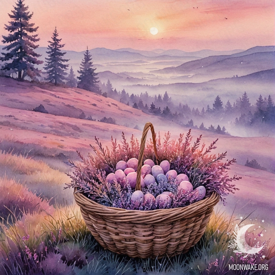 Спокойная акварельная живопись с розовым вереском в корзине, окутанным туманом на закате.