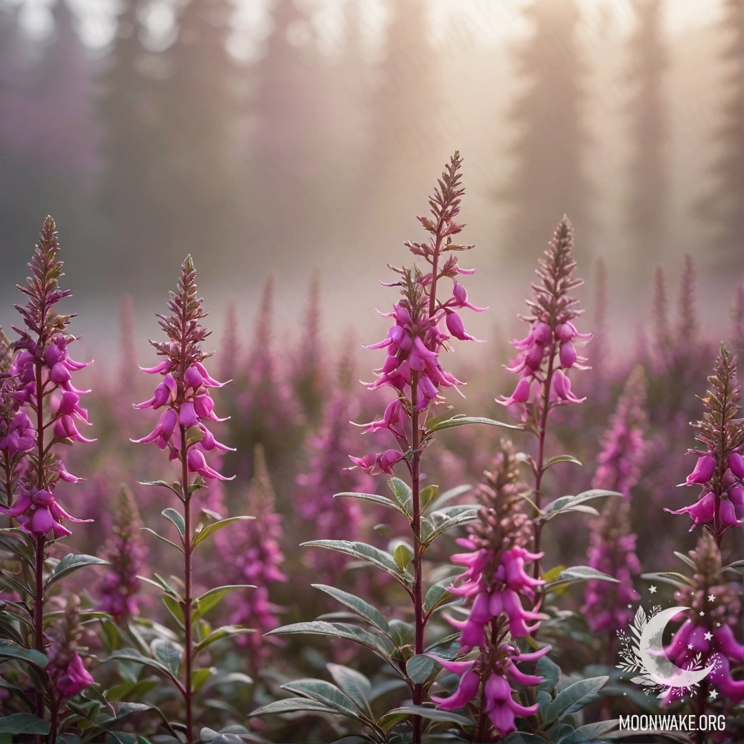 Спокойный пейзаж с тихим вереском в тумане под солнечными лучами.
