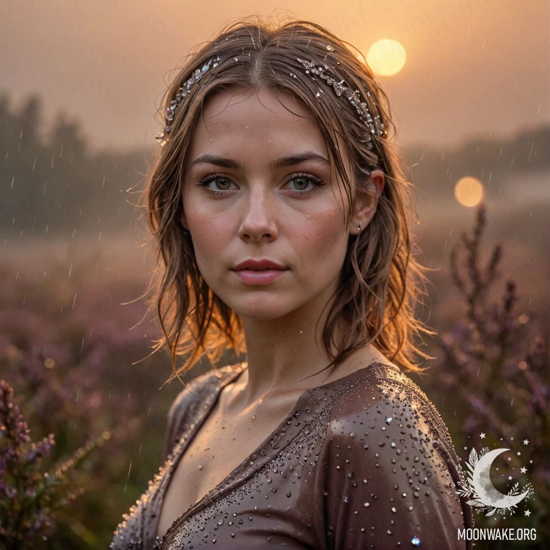 Спокойная полянка вереска в тумане, мелкий дождь идет на закате, цвета напоминают кофе, сверкающие стразами.