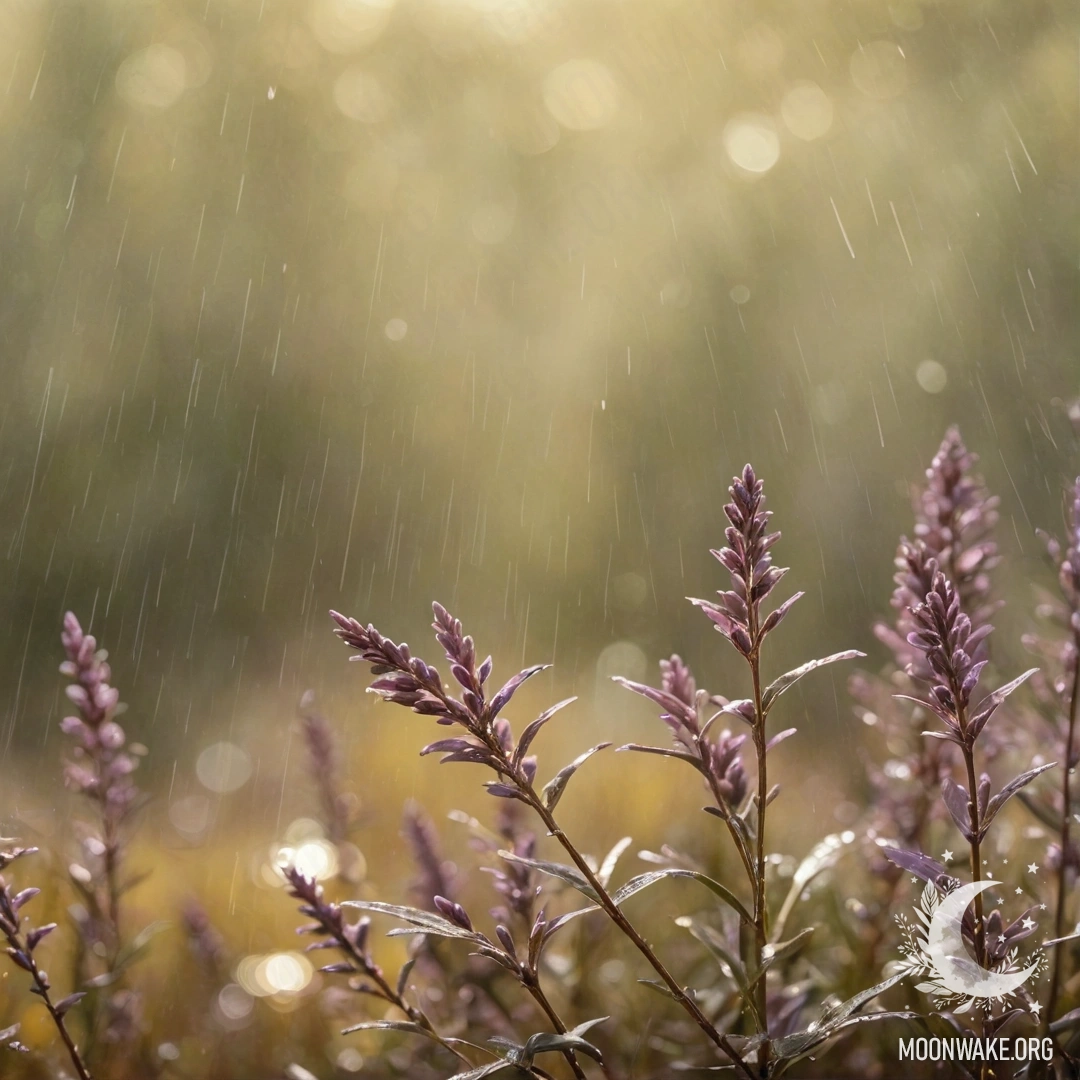 Спокойный пейзаж вереска под дождём с солнечными лучами и стразы.