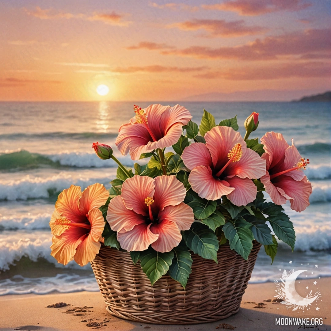 Спокойный цветок гибискуса, расположенный в корзине на фоне заката, в оттенках морской волны.