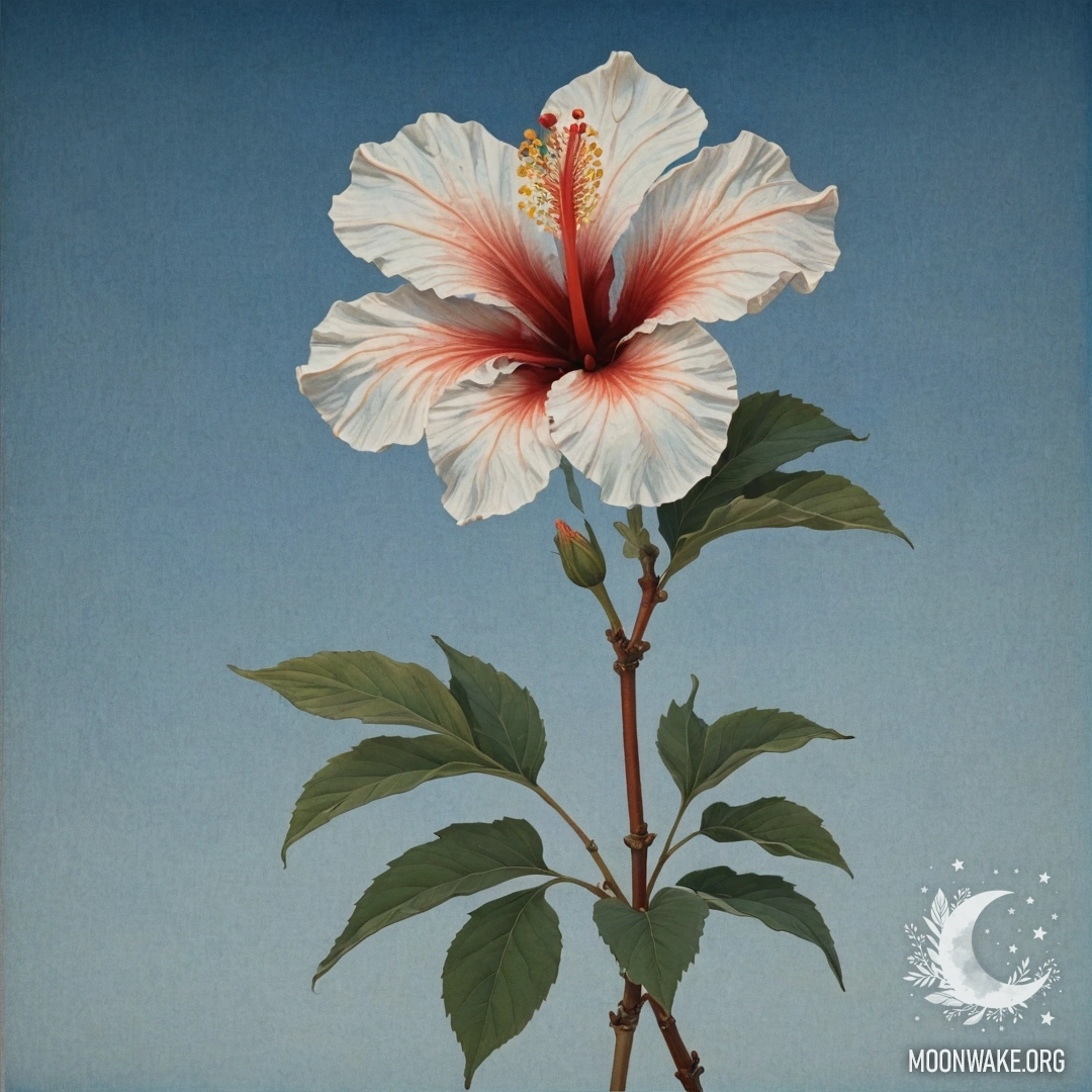 Спокойный цветок гибискуса в окружении сложных узоров инея на небесно-голубом фоне.