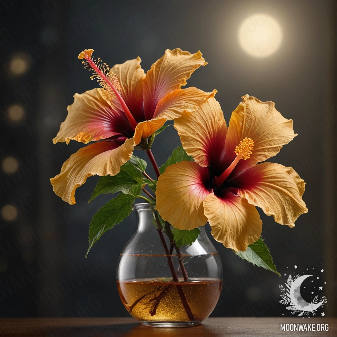 Золотая ваза, держащая успокаивающий цветок гибискуса, окруженный дымкой ночью.