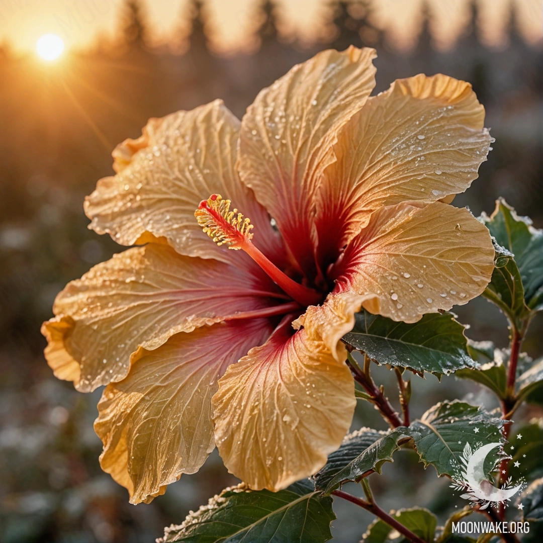 Спокойный цветок гибискуса, окружённый инеем на фоне золотистого заката.