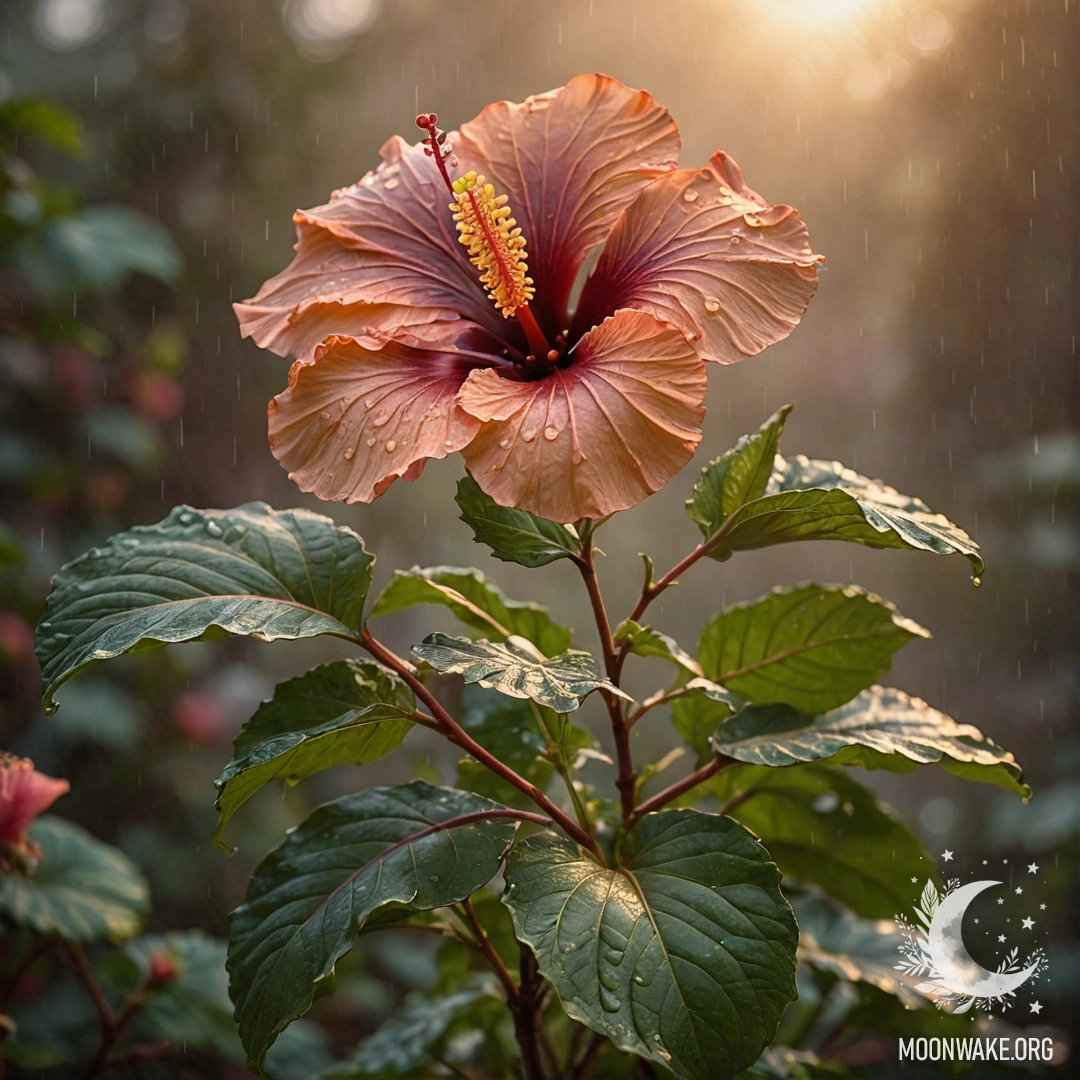 Букет цветов гибискуса в тумане и дожде во время заката, в кофейных оттенках.