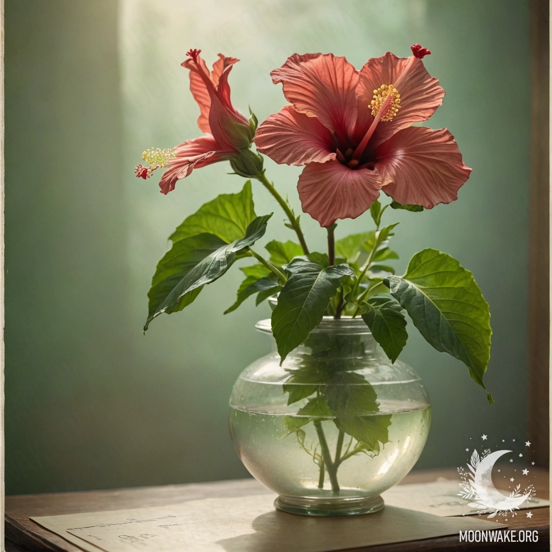 Спокойный цветок гибискуса в туманной вазе, освещенной солнечными лучами.