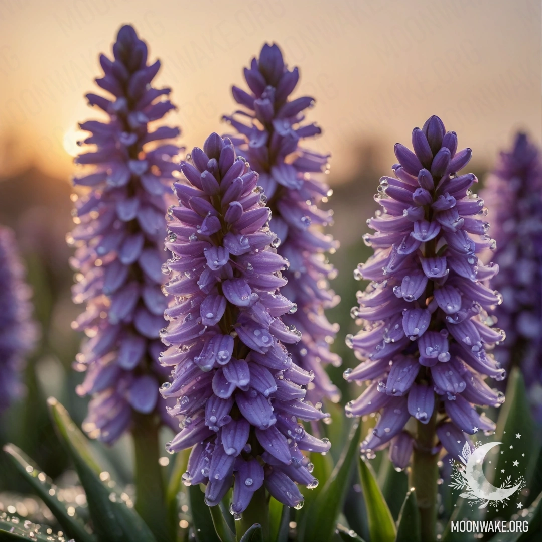 Спокойный гиацинт, украшенный каплями росы, сверкающий на закате.