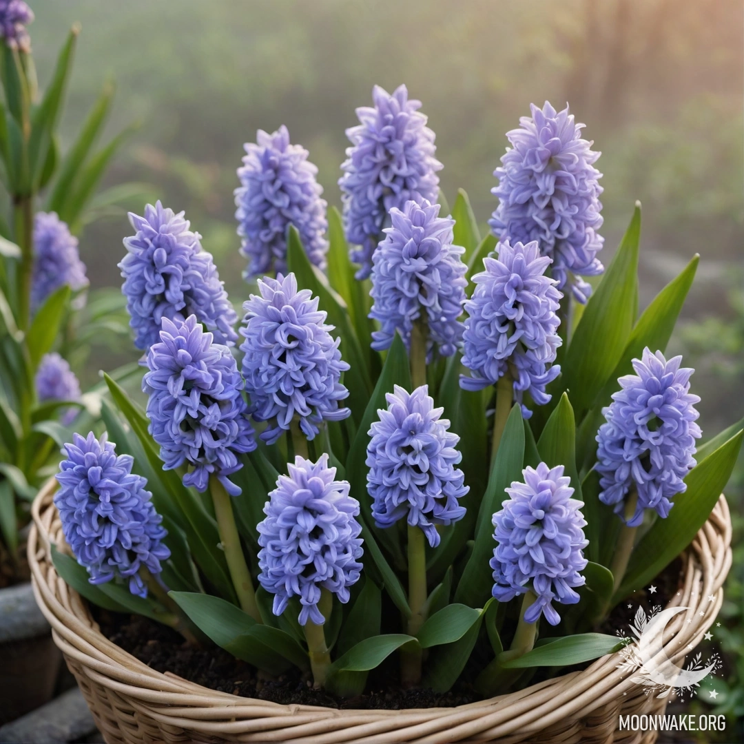 Успокаивающий гиацинт в мятной корзине, окруженный туманом на закате.