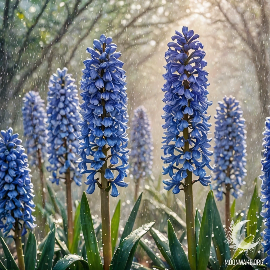 Спокойный аквамариновый гиацинт в тумане, освещенный каплями дождя и солнечными лучами.
